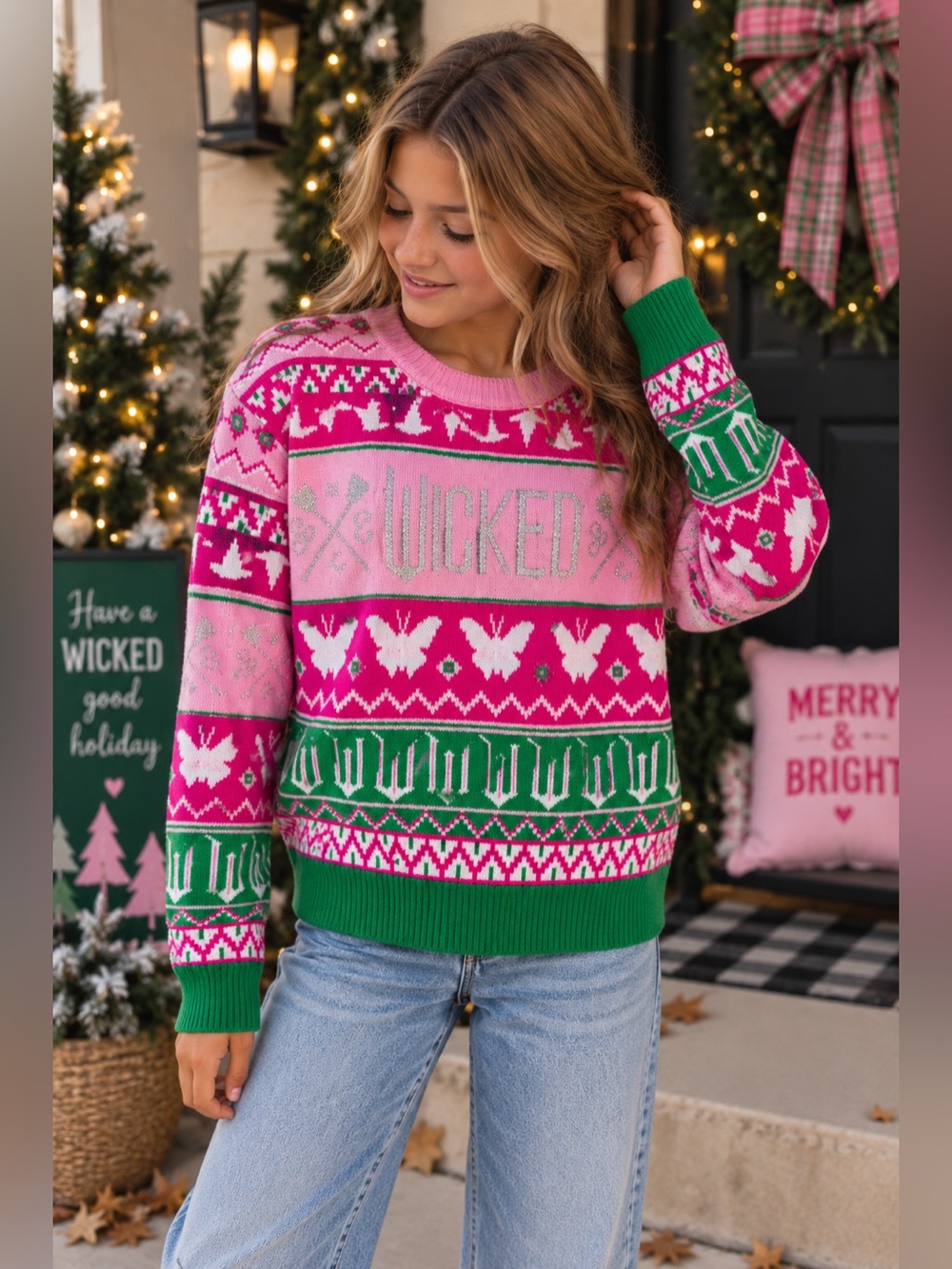 Wicked Girls XL 14/16 Pink Green Fair Isle Glitter Christmas Sweater Universal